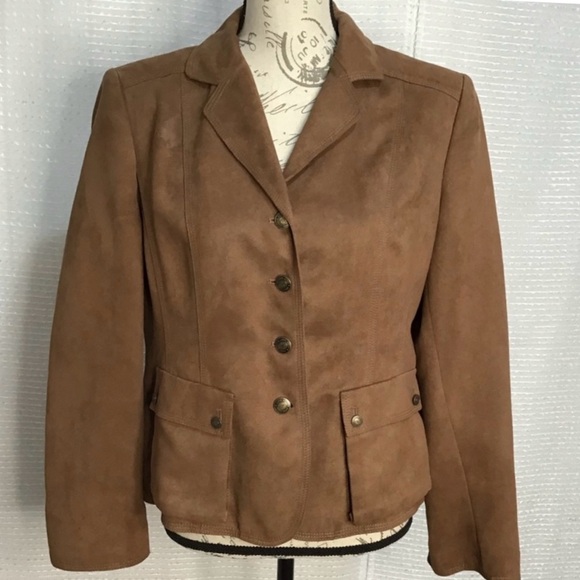 Anne Klein Jackets & Blazers - Anne Klein tan faux suede soft structured button up fully lined collared jacket